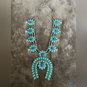 Turquoise and Silver Floral Necklace Squash Blossom